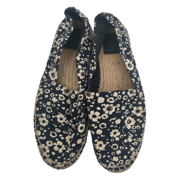 Tory Burch Navy Ivory Risa Lovers Floral Espadrille Flats Size 7.5 Women’s - Picture 4 of 11